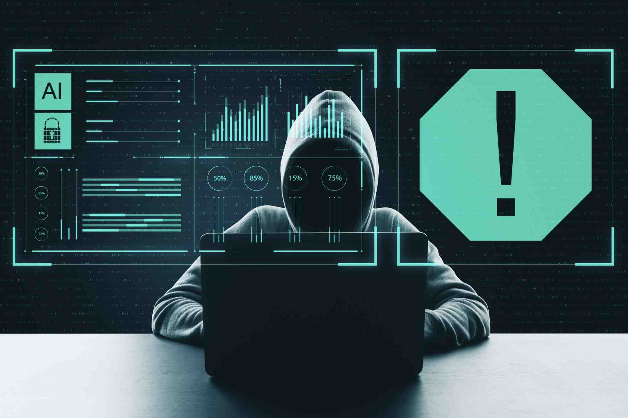 AI Phishing - האקר יושב מול מחשב נייד כשהוא מוקף באינפוגרפיקה דיגיטלית המדמה מתקפה חכמה עם גרפים, אחוזים ואזהרת אבטחה.
